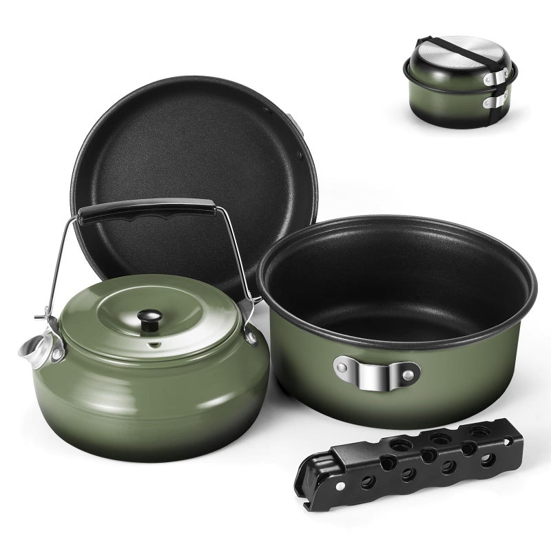 Odoland 5pcs Camping Cookware Non-Stick Camping Pot and Pan Set with Kettle and Removable Handle for Hiking Backpacking and Picnic - Image 1